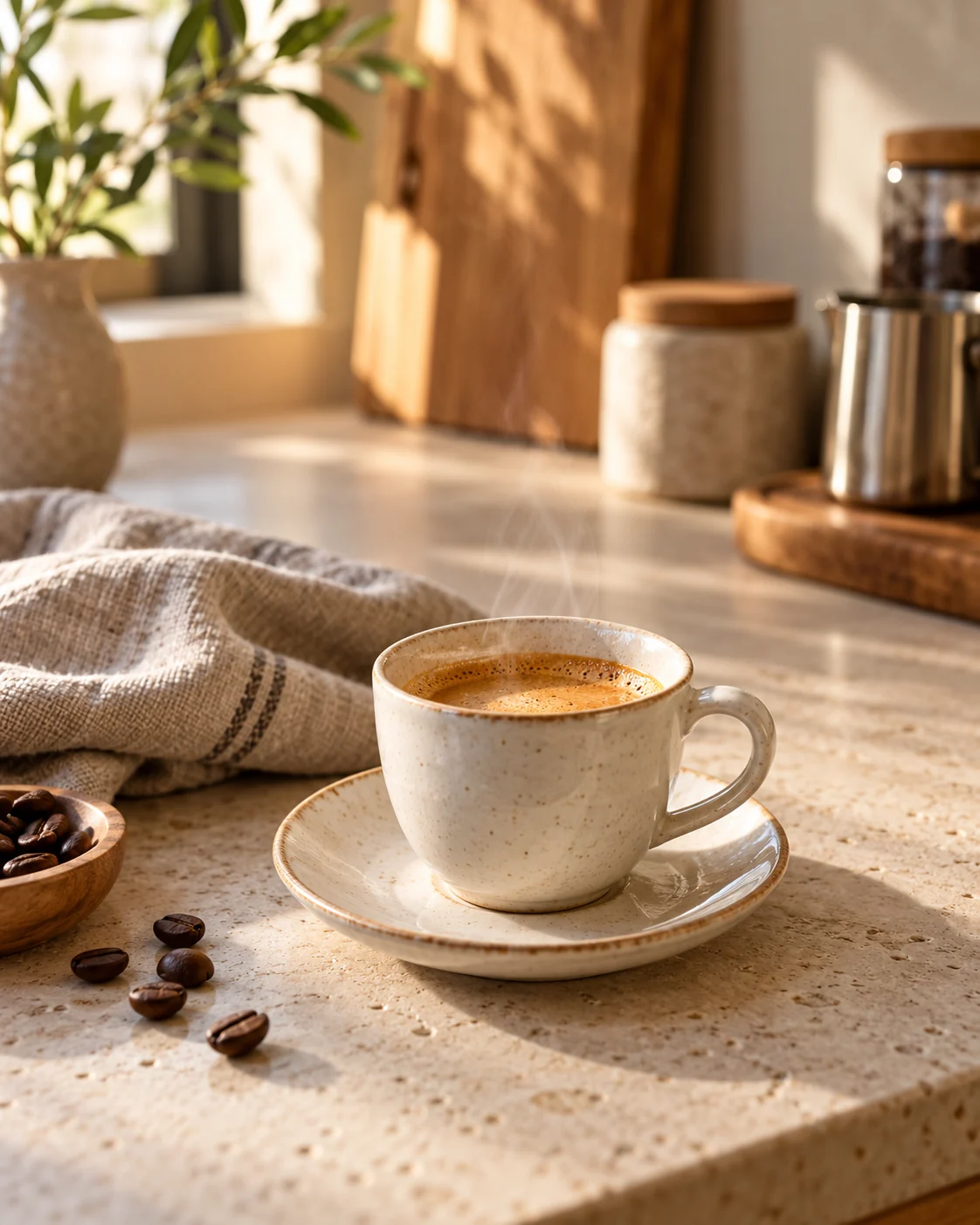 Frischer Espresso in einer Keramiktasse im warmen Morgenlicht